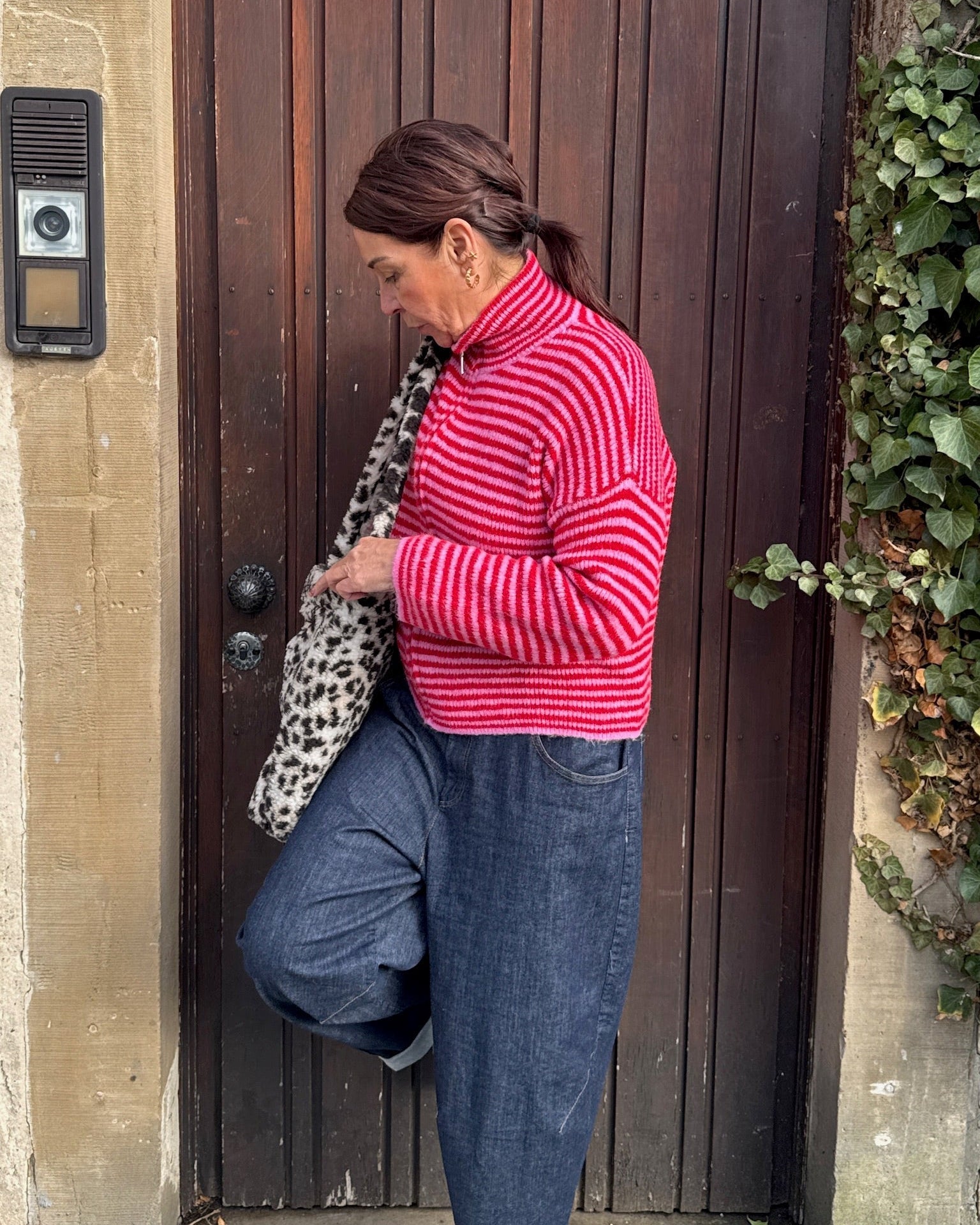 Striped zip-up cardigan with stand-up collar