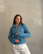 Striped zip-up cardigan with stand-up collar