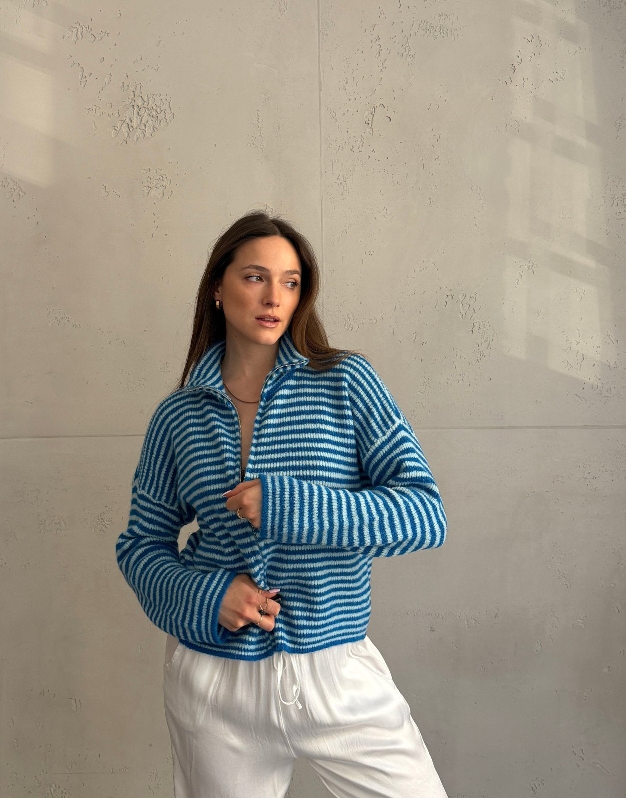 Striped zip-up cardigan with stand-up collar