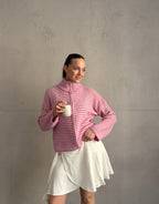 Striped zip-up cardigan with stand-up collar
