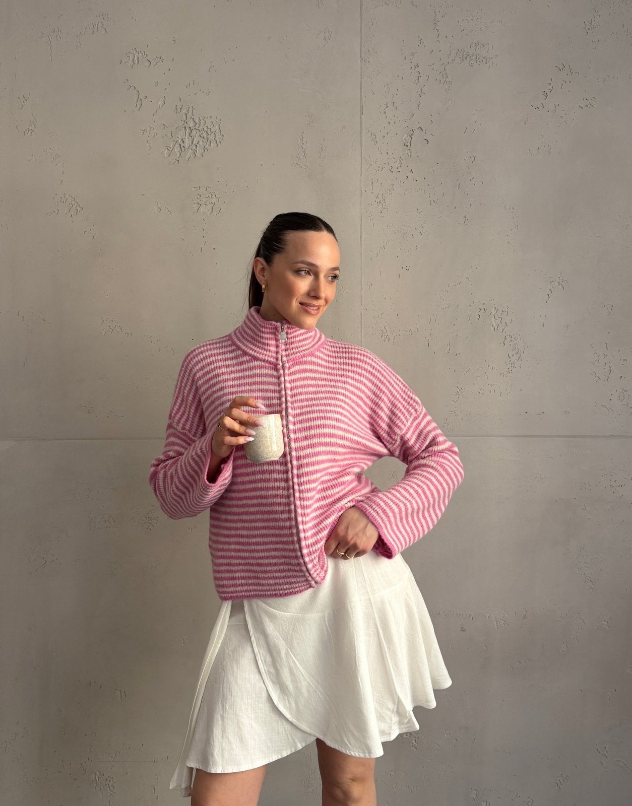 Striped zip-up cardigan with stand-up collar