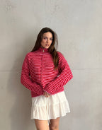Striped zip-up cardigan with stand-up collar