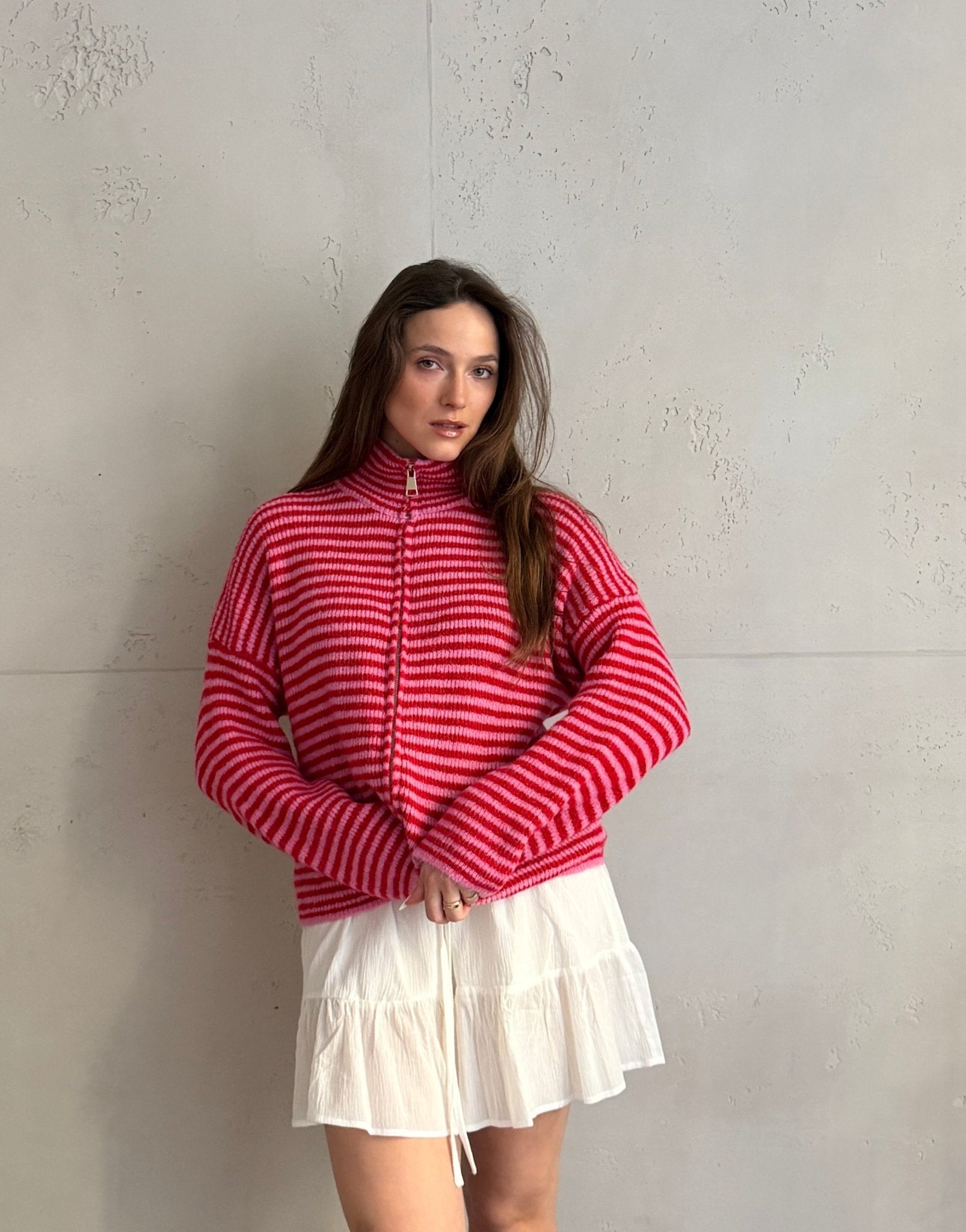 Striped zip-up cardigan with stand-up collar