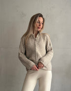 Striped zip-up cardigan with stand-up collar
