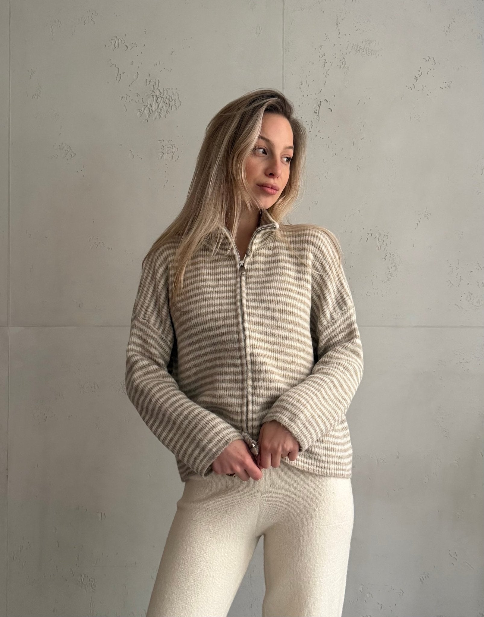 Striped zip-up cardigan with stand-up collar