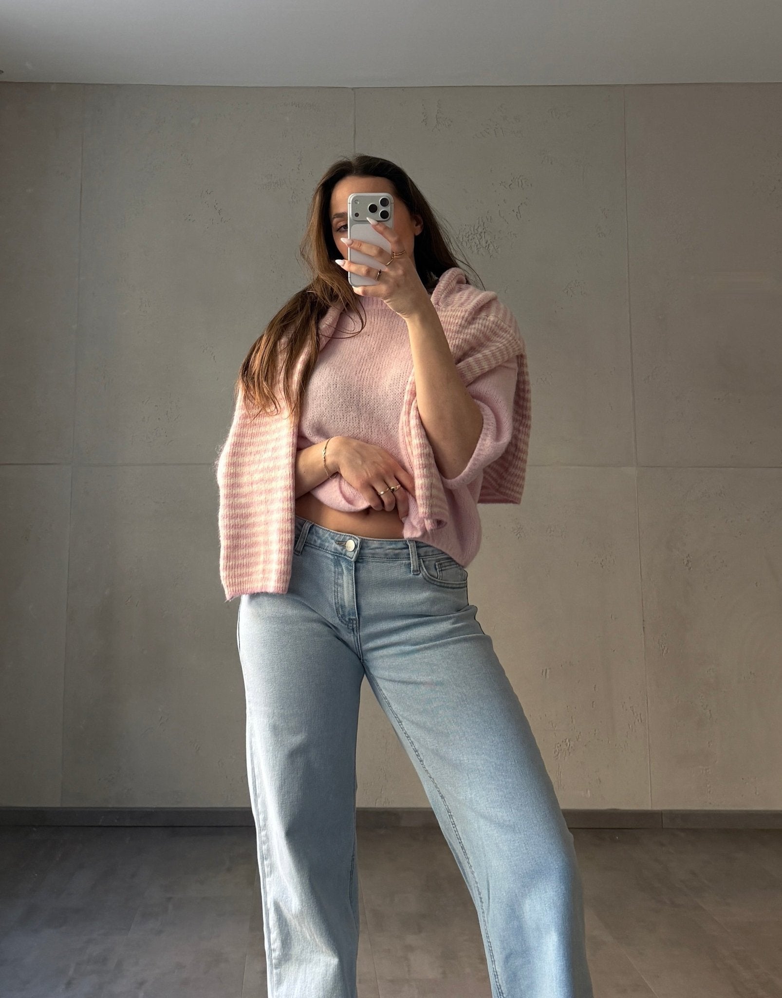 Striped zip-up cardigan with stand-up collar