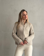 Striped zip-up cardigan with stand-up collar