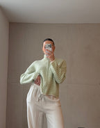 Striped zip-up cardigan with stand-up collar