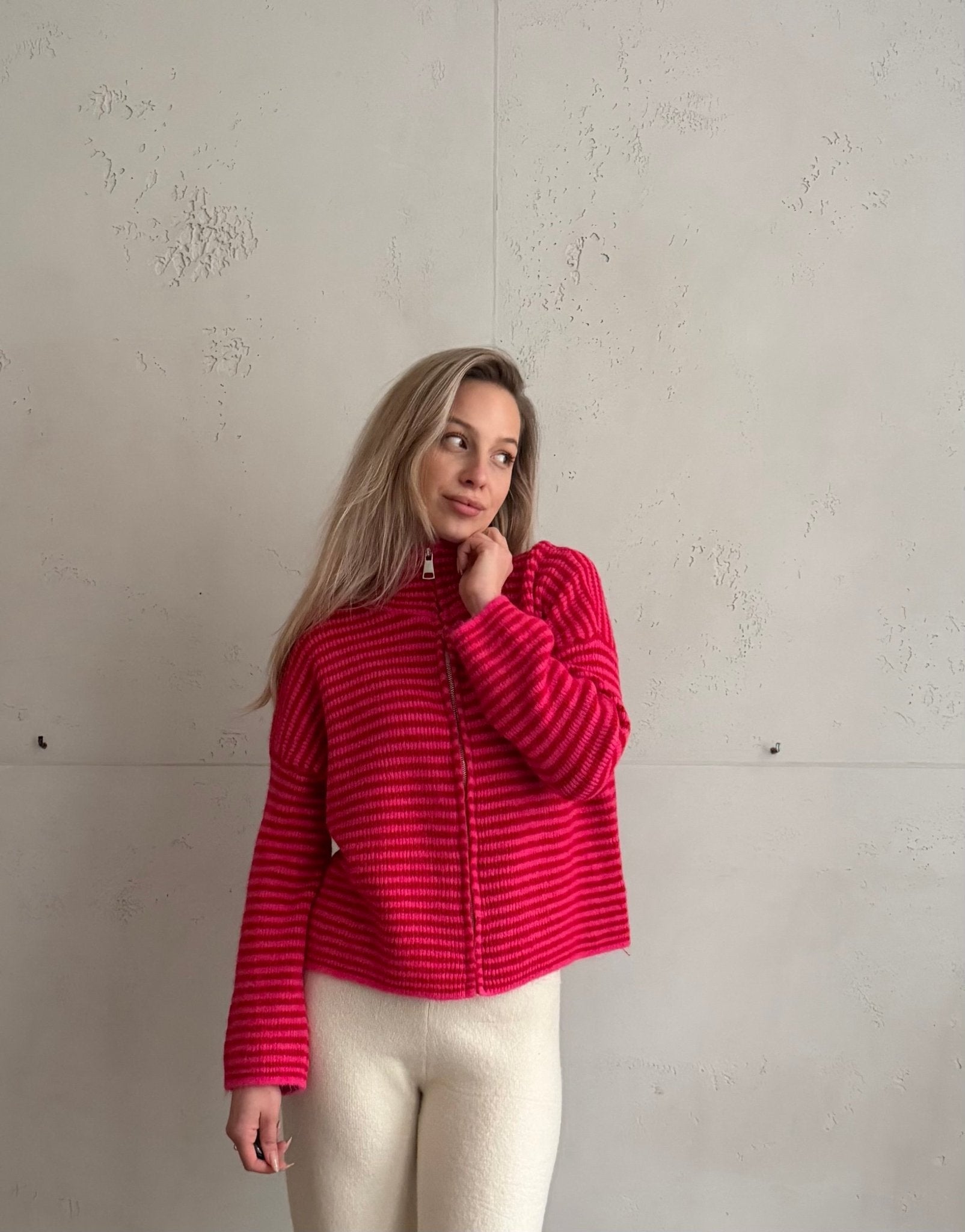 Striped zip-up cardigan with stand-up collar