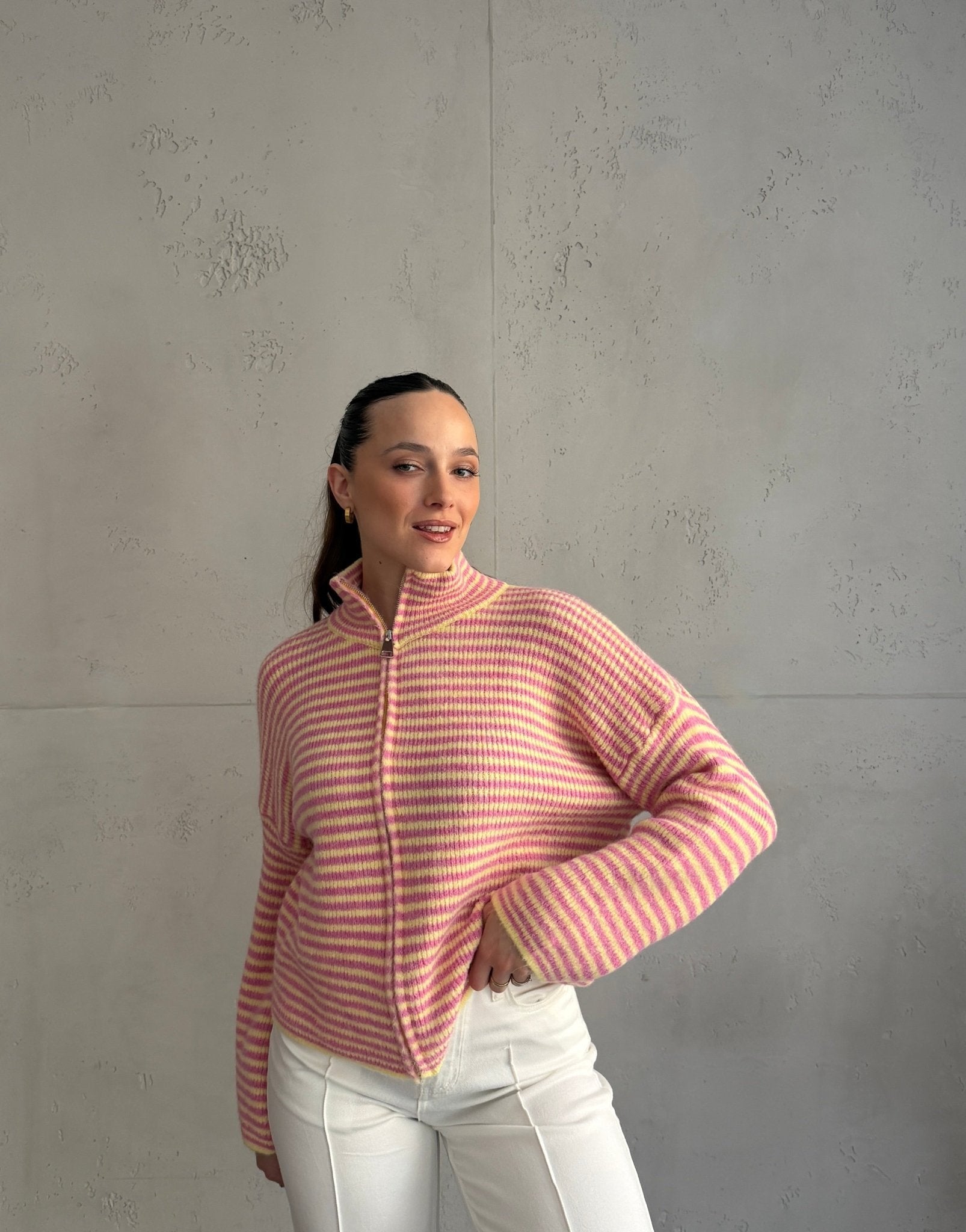 Striped zip-up cardigan with stand-up collar