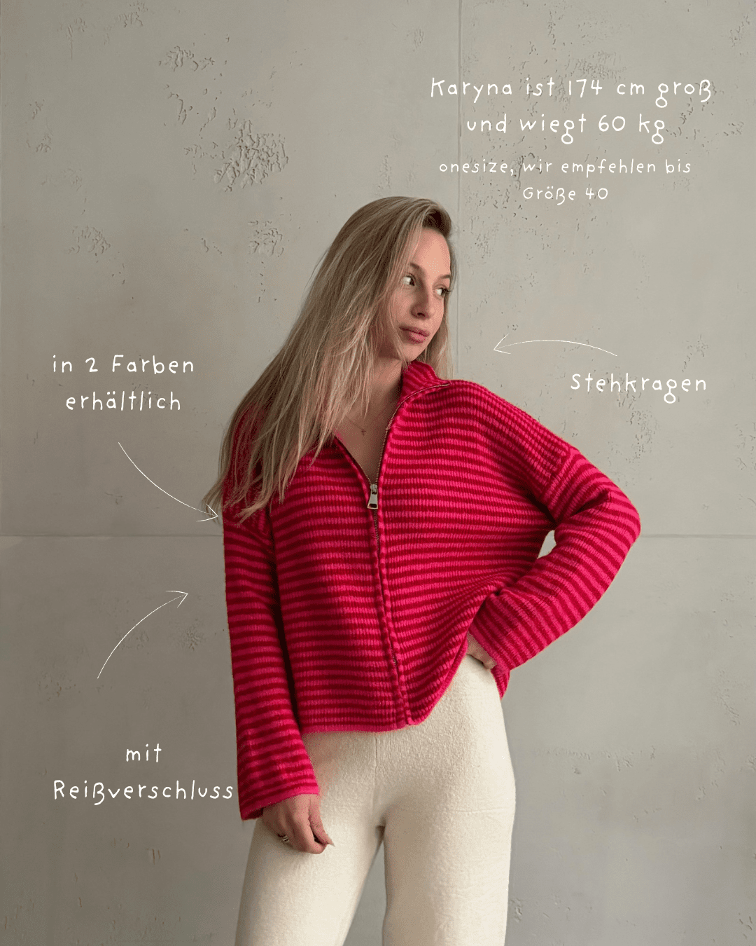 Striped zip-up cardigan with stand-up collar