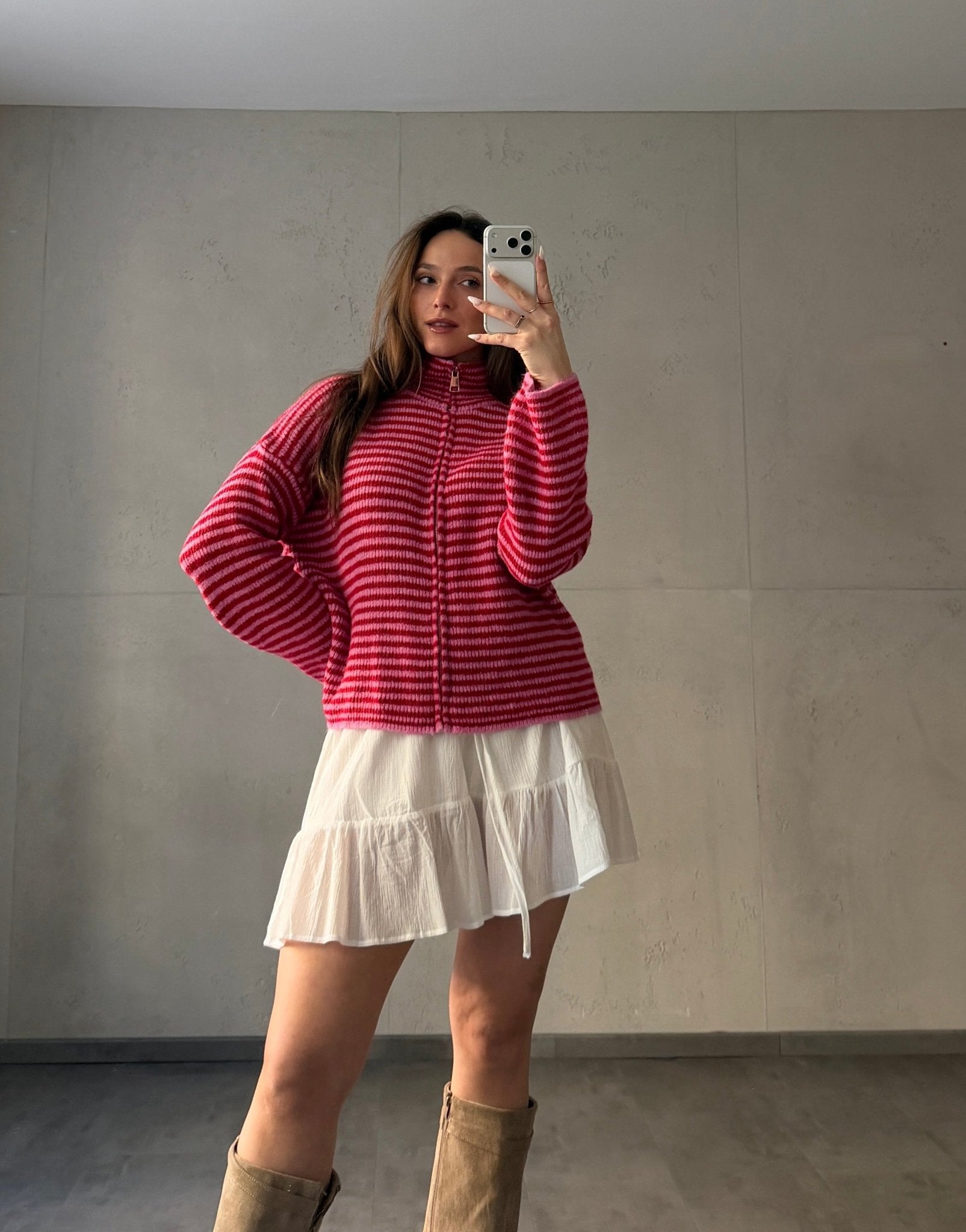 Striped zip-up cardigan with stand-up collar